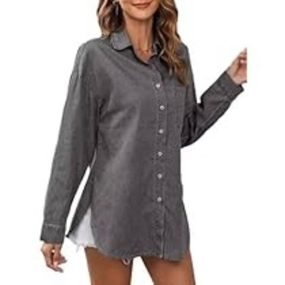 NWT  V Neck Denim Shirt Jacket Long Sleeve Button Down Top Shaket - size M - Picture 1 of 5